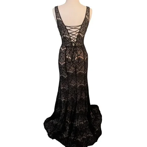 Black Lace Gown 5 Corset Nude Lining Formal Whimsigoth Witchy Vampire Romantic - Picture 8 of 13